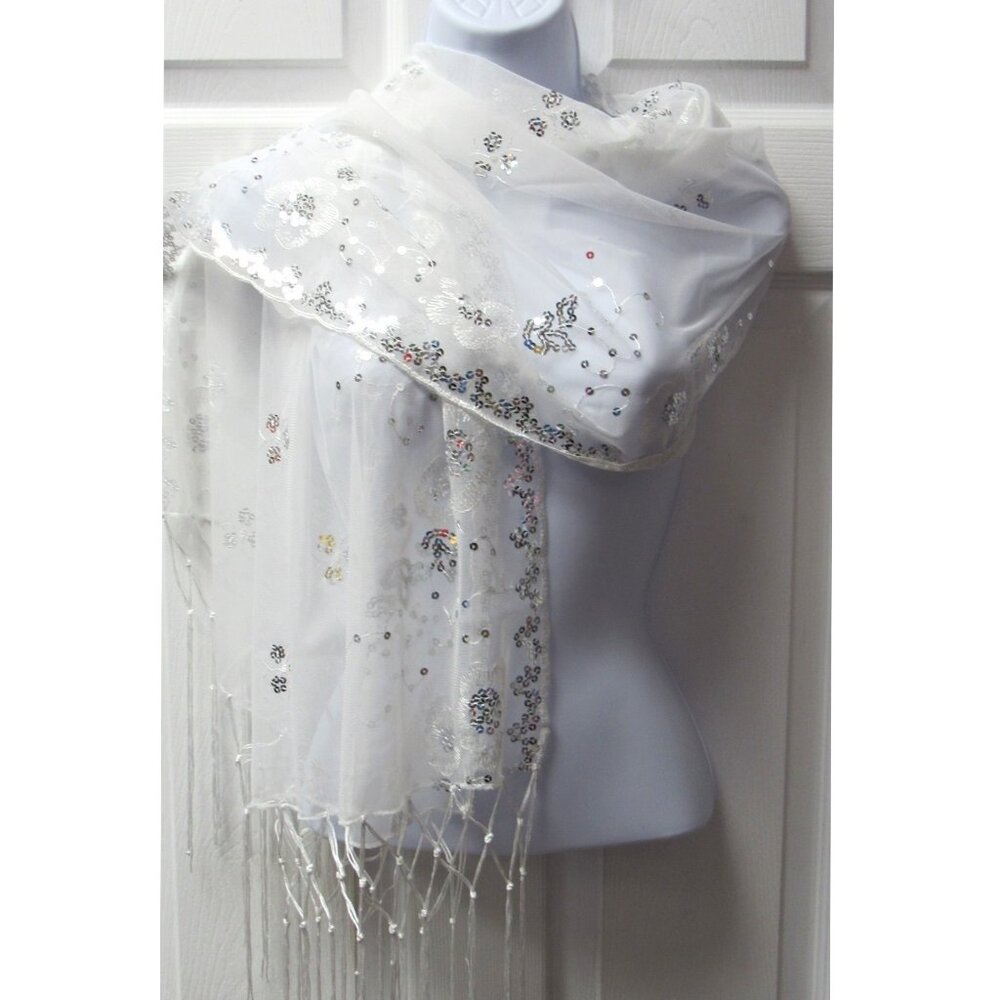 White Dressy Sequin Sparkle Fringed Scarf Shawl Wrap Wedding Bridal Formal Prom